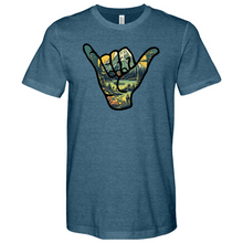 Load image into Gallery viewer, An Outdoor Adventure Scene a Hand Making a Peace Sign Heathered Tee