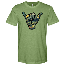 Load image into Gallery viewer, An Outdoor Adventure Scene a Hand Making a Peace Sign Heathered Tee