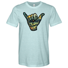 Load image into Gallery viewer, An Outdoor Adventure Scene a Hand Making a Peace Sign Heathered Tee