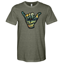 Load image into Gallery viewer, An Outdoor Adventure Scene a Hand Making a Peace Sign Heathered Tee