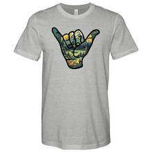 Load image into Gallery viewer, An Outdoor Adventure Scene a Hand Making a Peace Sign Heathered Tee
