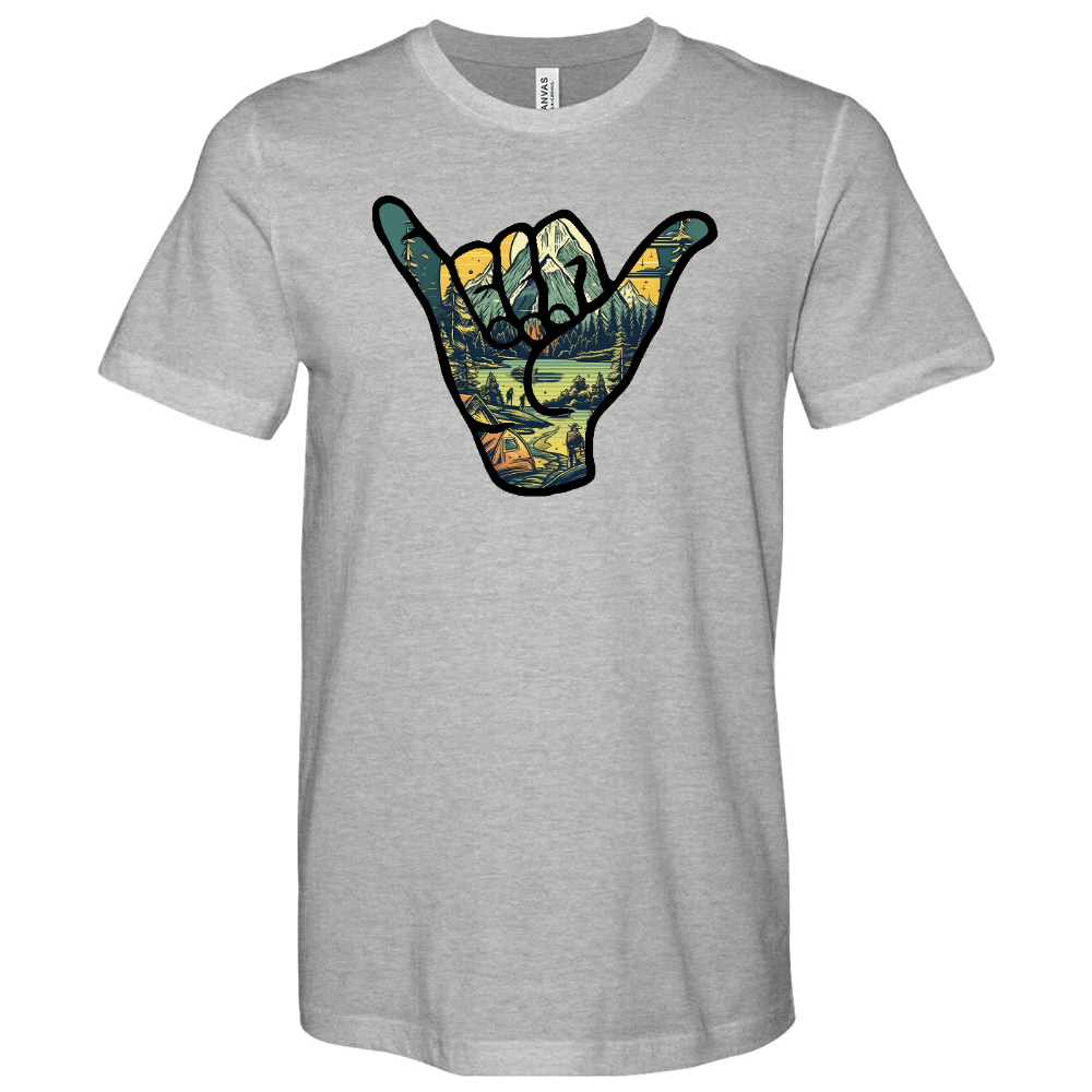 An Outdoor Adventure Scene a Hand Making a Peace Sign Heathered Tee