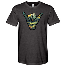 Load image into Gallery viewer, An Outdoor Adventure Scene a Hand Making a Peace Sign Heathered Tee
