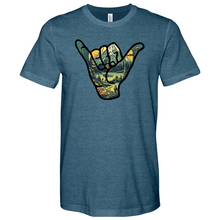 Load image into Gallery viewer, An Outdoor Adventure Scene a Hand Making a Peace Sign Heathered Tee
