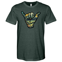 Load image into Gallery viewer, An Outdoor Adventure Scene a Hand Making a Peace Sign Heathered Tee
