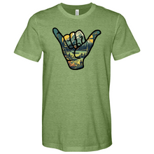 Load image into Gallery viewer, An Outdoor Adventure Scene a Hand Making a Peace Sign Heathered Tee
