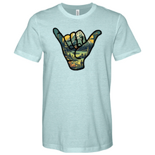 Load image into Gallery viewer, An Outdoor Adventure Scene a Hand Making a Peace Sign Heathered Tee
