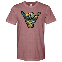 Load image into Gallery viewer, An Outdoor Adventure Scene a Hand Making a Peace Sign Heathered Tee
