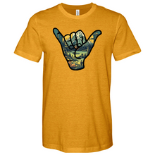 Load image into Gallery viewer, An Outdoor Adventure Scene a Hand Making a Peace Sign Heathered Tee
