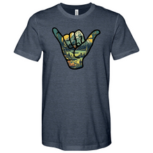 Load image into Gallery viewer, An Outdoor Adventure Scene a Hand Making a Peace Sign Heathered Tee
