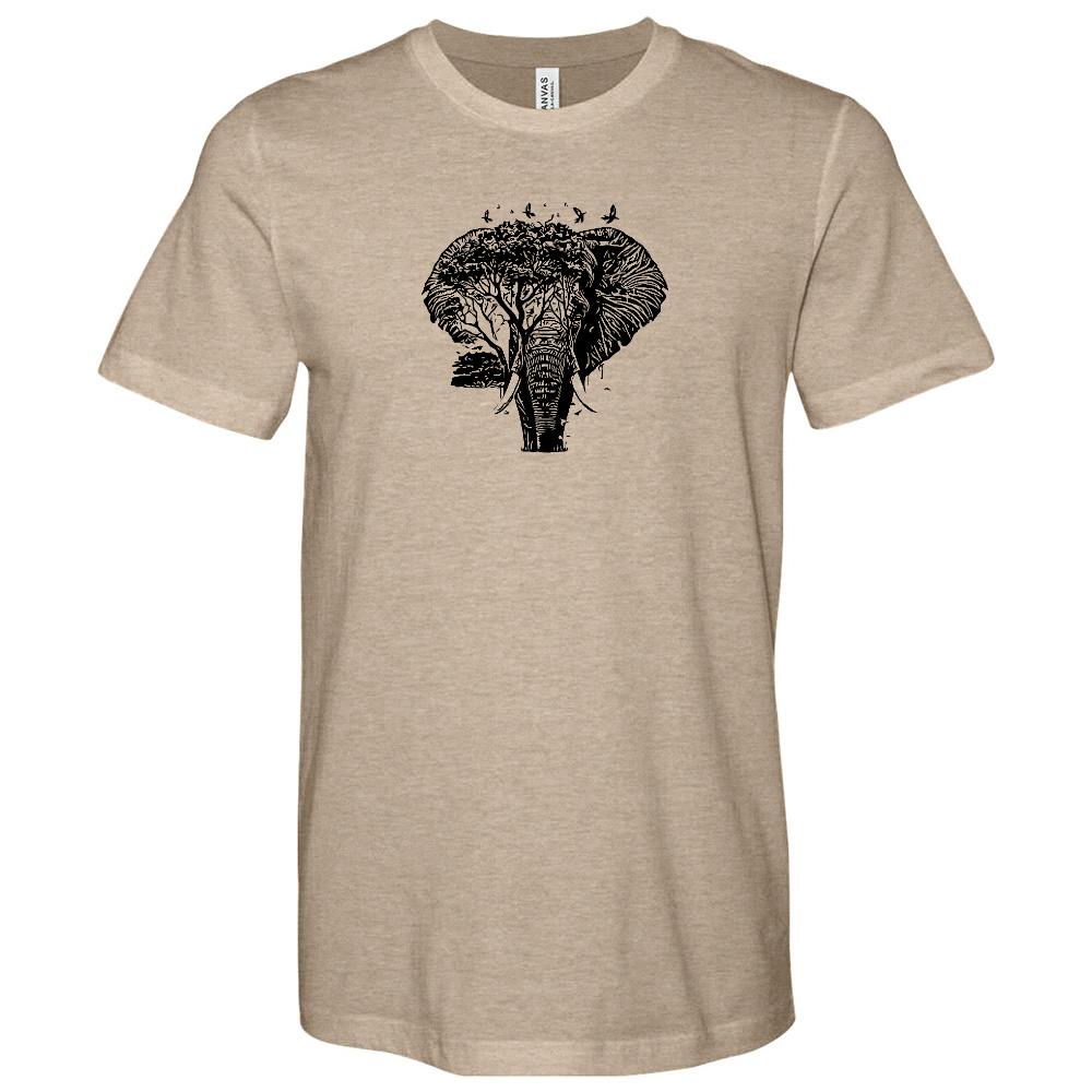 An Elephant is Surrounded by Trees and Birds Heathered Tee